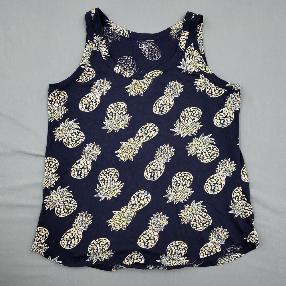 LOFT Shirt Womens Medium M Sleeveless Tank Scoop Neck Pineapple Pullover Blue